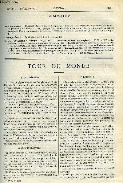 LE COSMOS - REVUE DES SCIENCES ET DE LEURS APPLICATIONS N 1185 - Un lzard gigantesque, Greffe spontane, Coup de soleil lectrique, Le journal tlphonique, La premire installation radio-tlgraphique francaise sur navire de commerce, La superificie