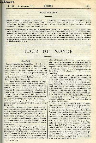 LE COSMOS - REVUE DES SCIENCES ET DE LEURS APPLICATIONS N 1195 - La propagation de l'anguille, La distribution de la temprature dans l'atmosphre, d'aprs les ascensions de ballons-sondes, L'alcool moteur, Machines a vapeur et machines a gaz pauvre