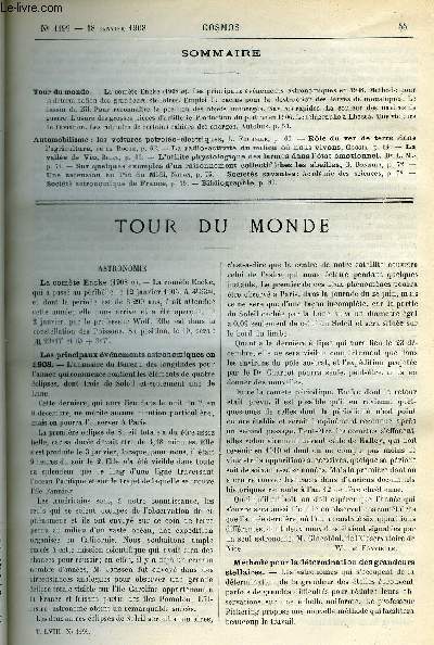 LE COSMOS - REVUE DES SCIENCES ET DE LEURS APPLICATIONS N 1199 - La comte Encke, Les principaux vnements astronomiques en 1908, Mthode pour la dtermination des grandeurs stellaires, Emploi du cactus pour la destruction des larves de moustiques