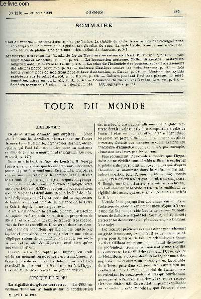 LE COSMOS - REVUE DES SCIENCES ET DE LEURS APPLICATIONS N 1218 - Capture d'une comte par Jupiter, La rigidit du globe terrestre, Les Ngounoungounouna de madagascar, La diminution des pluies, Les globulins du sang, La croisire de l'Armada amricaine