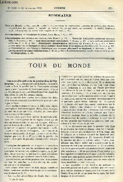 LE COSMOS - REVUE DES SCIENCES ET DE LEURS APPLICATIONS N 1233 - Une nouvelle mthode de production de l'hydrogne, L'origine du ptrole, Les vipres, L'exploitation des mines a grande profondeur, Un curieux mode de lancement de navire, Nouveaux exploits