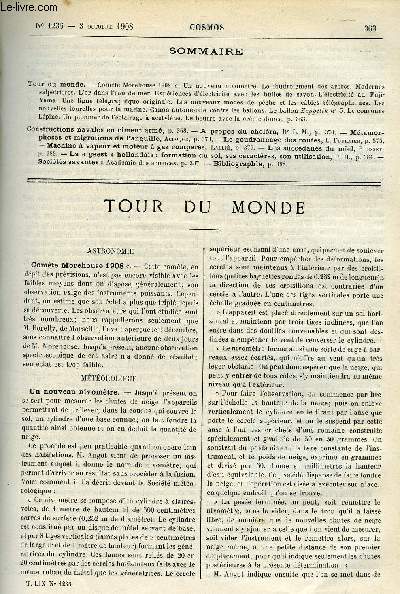 LE COSMOS - REVUE DES SCIENCES ET DE LEURS APPLICATIONS N 1236 - Comte Morehouse 1908, Un nouveau nivomtre, Le foudroiement des arbres, Modernes salptrires, L'or dans l'eau de mer, Expriences d'lectricit avec les bulles de savon, L'lectricit