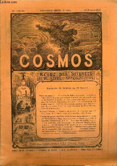 LE COSMOS - REVUE DES SCIENCES ET DE LEURS APPLICATIONS N 1308 - La comte de Halley, La couche isotherme de l'atmosphre, Avis mtorologiques transmis par tlgraphie sans fil, La longvit a Brigton, La temprature des oiseaux, La rsistance