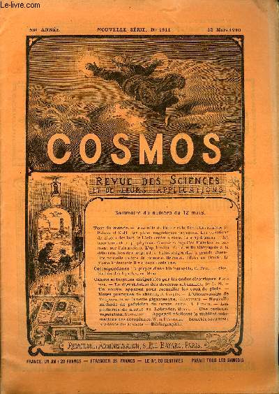 LE COSMOS - REVUE DES SCIENCES ET DE LEURS APPLICATIONS N 1311 - La comte de Halley et la Terre, Les comtes Pidoux et Kidd, Les poles magntiques terrestres, Les variations de niveau des lacs de l'Asie centrale russe, Le nystagmus des houilleurs