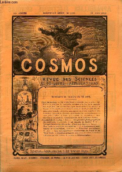 LE COSMOS - REVUE DES SCIENCES ET DE LEURS APPLICATIONS N 1316 - Observations sur le Tnriffe, Les grandes caldera volcaniques, La recherche des eaux potables par la baguette des sourciers, Les arbres foudroys meurent-ils ?, Les mulots en Beauce