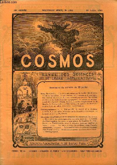 LE COSMOS - REVUE DES SCIENCES ET DE LEURS APPLICATIONS N 1331 - Un aroplane frapp par la foudre, Une illusion d'optique en ballon, le sol concave, Les serpents et la musique; leur pouvoir fascinateur, Le sens musical des crevettes, Le cholra