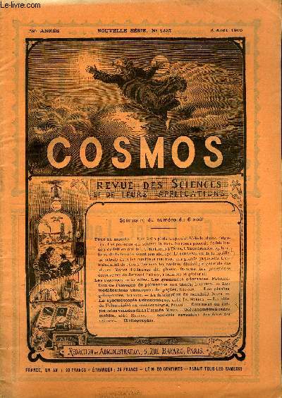 LE COSMOS - REVUE DES SCIENCES ET DE LEURS APPLICATIONS N 1332 - Une belle pluie tropicale, L'tude d'une fulgurite, Les poissons qui sentent la vase, Nouveau procd de fabrication du lait en poudre, L'lectricit a Tarse, L'imprgnation hydraulique