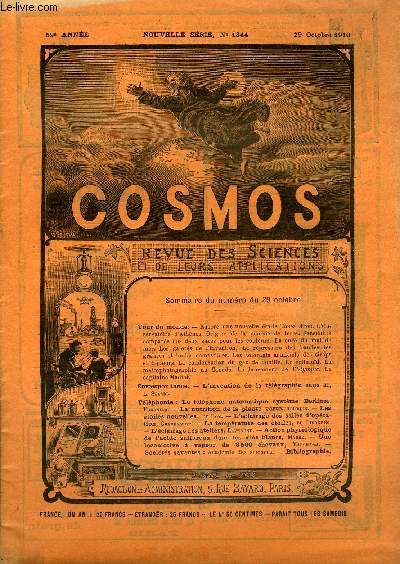LE COSMOS - REVUE DES SCIENCES ET DE LEURS APPLICATIONS N 1344 - Encore une nouvelle toile, L'observatoire d'Athnes, Origine de la pomme de terre, Sensibilit compare des deux sexes pour les couleurs, La cure du mal de mer, Les gaiets de l'invention