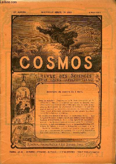 LE COSMOS - REVUE DES SCIENCES ET DE LEURS APPLICATIONS N 1362 - L'exploration de la haute atmosphre par les cerfs-volants, Hauteur et longueur des vagues de tempte, Prsence anormale d'icebergs dans l'Atlantique Sud, La peste pulmonaire en Mandchourie