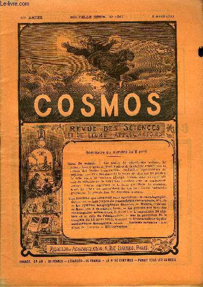 LE COSMOS - REVUE DES SCIENCES ET DE LEURS APPLICATIONS N 1367 - Les causes du magntisme terrestre, Le ptrole dans le golfe de Suez, Emploi de la chaleur solaire dans la chimie des hautes tempratures, Production exprimentale de papillons sans tte