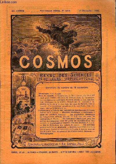 LE COSMOS - REVUE DES SCIENCES ET DE LEURS APPLICATIONS N 1399 - L'opposition de Mars, L'astroide 1911 est-il perdu?, Bolide remarquable, L'observatoire de Tananarive, Les ondulations baromtriques de courte priode et leurs signification, L'influence