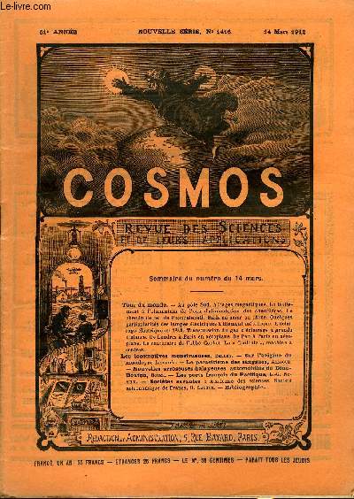 LE COSMOS - REVUE DES SCIENCES ET DE LEURS APPLICATIONS N 1416 - Au Pole Sud, Alliages magntiques, Le traitement a l'aluminium de l'eau d'alimentation des chaudires, Le chemin de fer de Popocatepetl, Rais en acier au titane, Quelques particularits