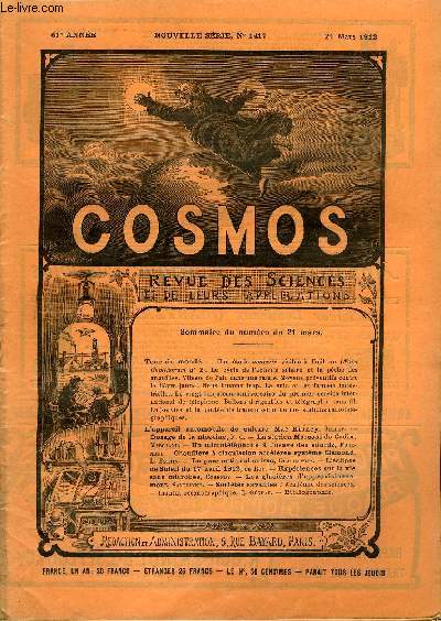 LE COSMOS - REVUE DES SCIENCES ET DE LEURS APPLICATIONS N 1417 - Une toile nouvelle visible a l'oeil nu, Le cycle de l'activit solaire et la peche des anguilles, Vitesse de l'air dans une rafale, Moyens prventifs contre la fivre jaune, Nous buvons