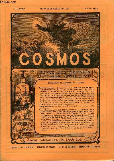 LE COSMOS - REVUE DES SCIENCES ET DE LEURS APPLICATIONS N 1420 - L'toile nouvelle des Gmeaux, La reprise des taches de soleil, A l'occasion de l'clipse de Soleil : expriences concernant l'influence de la lumire sur la porte des ondes lectriques