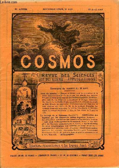 LE COSMOS - REVUE DES SCIENCES ET DE LEURS APPLICATIONS N 1421 - Nuages artificiels pour la prvention de la gele, Empoisonnement du btail par des glands, Les services francais de tlgraphie sans fil, Les stations espagnoles de tlgraphie sans fil