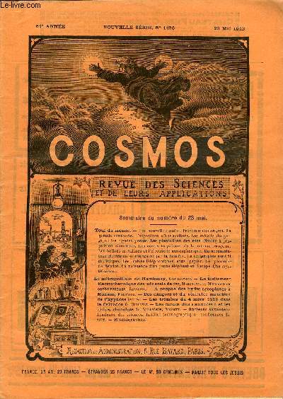 LE COSMOS - REVUE DES SCIENCES ET DE LEURS APPLICATIONS N 1426 - Une nouvelle comte, Prvision des orages, La grande consoude, L'exposition d'horticulture, Les mfaits du gorgojo : les cigares percs, Les plantations des rues, Navire a propulsion