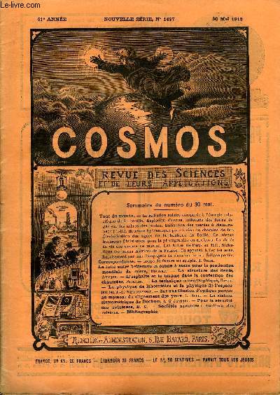 LE COSMOS - REVUE DES SCIENCES ET DE LEURS APPLICATIONS N 1427 - La radiation solaire compare a l'nergie calorifique de la houille, Explosion d'ozone, Influence des fuites de gaz sur les arbres des routes, Utilisation des mares a Mamaroneck, Heurtoir
