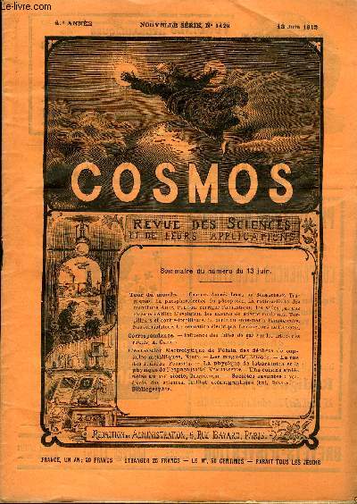 LE COSMOS - REVUE DES SCIENCES ET DE LEURS APPLICATIONS N 1429 - Charles Andr, Lecoq de Boisbaudran, Tropismes, La phosphorescence du phosphore, La radio-activit des manchons Auer, Peut-on corriger l'acoustique des salles par des rseaux de fils ?