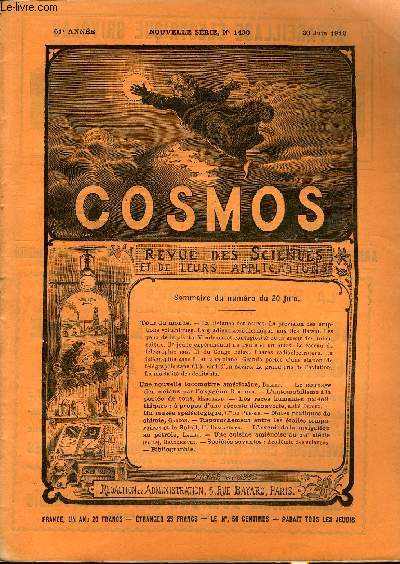 LE COSMOS - REVUE DES SCIENCES ET DE LEURS APPLICATIONS N 1430 - La distance des astres, La prvision des ruptions volcaniques, Le gradient arothermique aux iles Hawai, Les yeux de la plante, Virulence et contagiosit de la sueur des tuberculeux