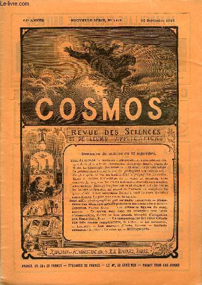 LE COSMOS - REVUE DES SCIENCES ET DE LEURS APPLICATIONS N 1442 - Le minimum d'activit solaire, Augmentation sculaire de la pluie a Paris, Phnomnes lectriques dans la rgion du Tchad, Le catastrophe des mines de la Clarence, Le prix du radium