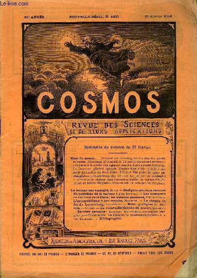 LE COSMOS - REVUE DES SCIENCES ET DE LEURS APPLICATIONS N 1466 - Prsence des microorganismes dans les calculs urinaires, Alcoolisme et criminalit, La porte des ondes hertziennes compare a la porte des signaux sonores et des signaux lumineux