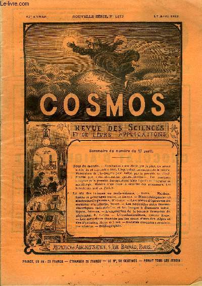 LE COSMOS - REVUE DES SCIENCES ET DE LEURS APPLICATIONS N 1473 - Occultation d'une toile par Jupiter, Le grand bolide du 23 septembre 1910, L'quivalent mcanique de la calorie, Fabrication de l'hydrogne pour ballon par le procd au silicol, Surdit