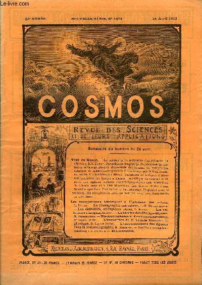 LE COSMOS - REVUE DES SCIENCES ET DE LEURS APPLICATIONS N 1474 - Le spectre de la nbuleuse des Pliades, La lumire de la Terre, Perturbation magntique locale remarquable, Carte ocanographiques d'ensemble des ocans, La composition chimique de la bue