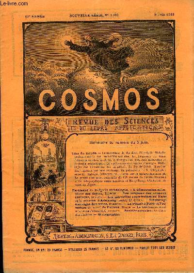 LE COSMOS - REVUE DES SCIENCES ET DE LEURS APPLICATIONS N 1480 - Le salicylate de fer dans l'erysiple, Maladie professionnelle des radiothgraphistes, La frquence du tnia chinocoque chez le chien a Montpellier, Couleurs naturelles et couleurs