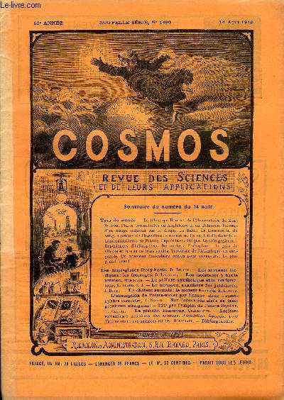 LE COSMOS - REVUE DES SCIENCES ET DE LEURS APPLICATIONS N 1490 - Le tlscope Hooker, de l'observatoire du Mont Wilson, Pluies torrentielles en Angleterre et en Belgique, Passage d'un nuage neigeux sur le disque du soleil, Transfusion du sang, A propos