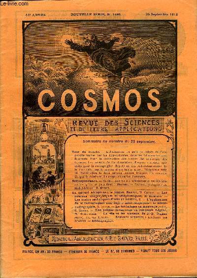 LE COSMOS - REVUE DES SCIENCES ET DE LEURS APPLICATIONS N 1496 - L'limination du gout de chlore dans l'eau potable traite par les hypochlorites, Amorces fulminantes sans fulminate, Pour les destruction des taupes, Le commerce des bananes, Les erreurs