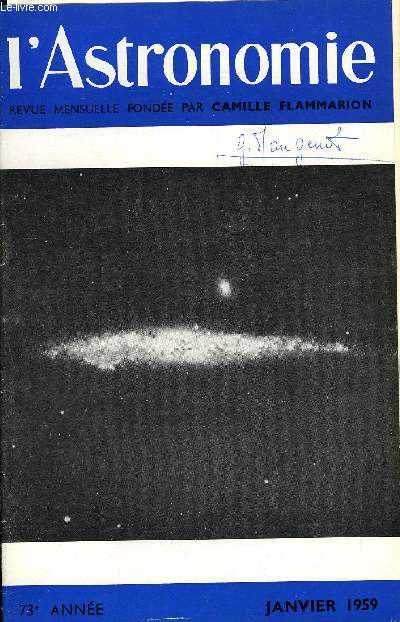 L'ASTRONOMIE - 73e ANNEE - A. Lallemand : Le téléscope électronique a l'observatoire de Haute-Provence, P. Mein : Spectre continu du soleil, P. Muller : Evasions, planètes artificielles et tirs solaires, B. Solar : Aurores boréales 1958, M. J. Martres