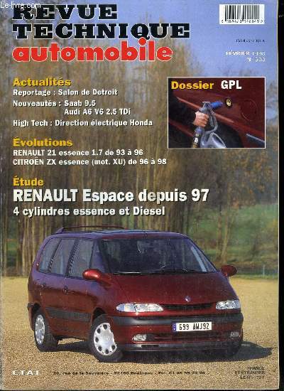 REVUE TECHNIQUE AUTOMOBILE N 603 - Reportage : salon de Detroit, Nouveauts : Saab 9.5, Audi A6 V6 2.5 TDi, High Tech : direction lectrique Honda, Renault 21 essence 1.7 de 93 a 96, Citroen ZX essence (mot. XU) de 96 a 98, Renault Espace depuis 97