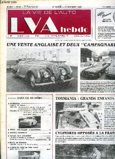LA VIE DE L'AUTO N 43 - Des Panhard trs spciales - Dans la rue a Aix en Provence et a Palma-de-Majorque, Christie's a Beaulieu en Angleterre, Ventes de campagne a Provins et a Saujon-Riberou, Cylindres opposs a la franaises (suite), BMW 3.0 CS, 1975