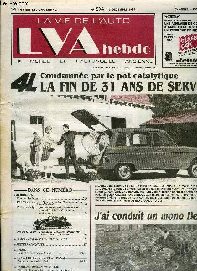 LA VIE DE L'AUTO N 584 - La saga des Panhard spciales : Dyna Junior belges et de sens - Clin d'oeil, Questions de traction - Moteur en tole : restauration de la dernire chance - Traction Dedin, Renault 4 : la retraite a 31 ans, Delage monocylindre 1905