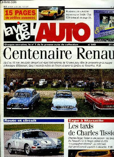 LA VIE DE L'AUTO N 845 - Bains de mer en Belgique, 95 ans de Wartburg, Sur le parvis de Notre Dame, Pare-chocs de DS : remise en tat des fixations, Coys le 11 mai a Londres, Bourse de l'Isle-sur-Tarn, Salon Motor epoca a Valence, Centenaire Renault