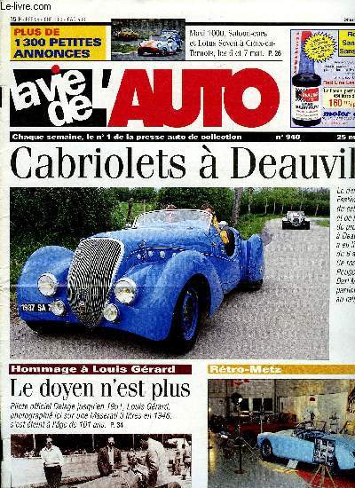 LA VIE DE L'AUTO N 940 - L'inconnue des Canaries, Renault 4 spciales, Suspension : la fabrication des ressorts hlicodaux, Sanremo Rallye Storico, Top a Croix en Ternois, Runion IDale DS a Achenheim, Festival du cabriolet a Deauville