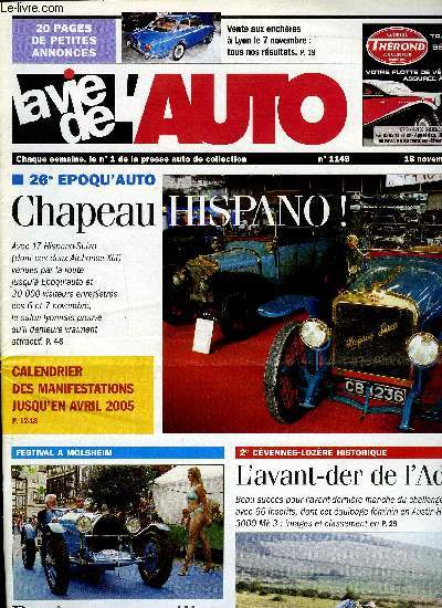 LA VIE DE L'AUTO N 1149 - Epoqu'auto a Lyon, 21e festival Bugatti a Molsheim, Sortie de l'attraction d'Anjou, Corse du sud classic rallye, 35 ans de l'Oldtimer club Bern, Bourse de Colomiers, 21e Rallye Mamm Goz, 2e Cvennes Lozre historique