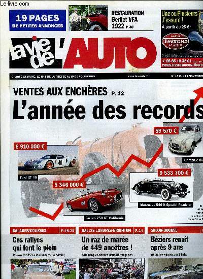 LA VIE DE L'AUTO N 1533 - Vente aux enchres : l'anne des records, Londres-Brighton, Randonne des vendanges a Rustenhart, Journes d'automne dans l'Aisne, Rallye Jeanne d'Arc historique, Balade d'automne du Nancy Mini club, Tomate historique