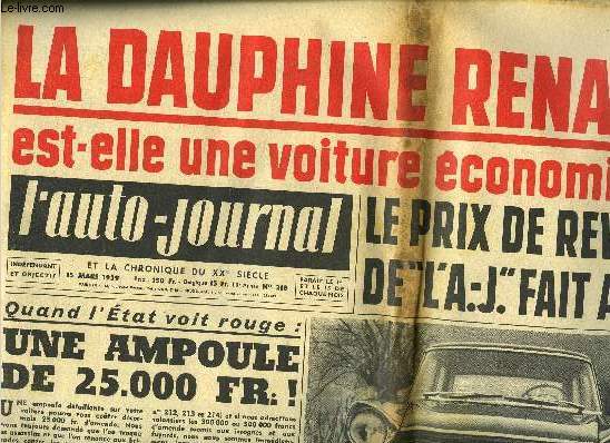L'AUTO JOURNAL N 218 - La Dauphine Renault 59 est-elle une voiture conomique ?, Quand l'Etat voit rouge : une ampoule de 25.000 FR par l'auto journal, J'ai conduit la Fiat 1800 par Andr Costa, Les armes allemandes du march commun : deux nouvelles