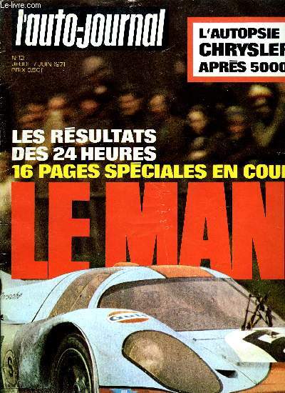 L'AUTO JOURNAL N 12 - Auto : 50 000 km en Chrysler 180, La Skoda 1100, Caravane : La Texas de A.C.C., Les Lancia 2000, La nouvelle Ford Granada, La Jaguar E 12 cylindres, USA, Europe : chacun sa mthode, Auto, moto : ou est l'avantage, Madame son auto