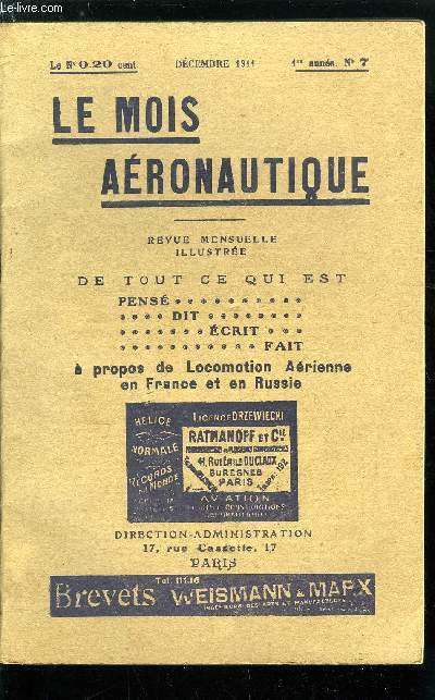 LE MOIS AERONAUTIQUE N7 - Souvenirs du Concours militaire, Cours lmentaire d'aronautique - Troisime leon, Le mois technique - A propos du taux de sustentation, Ou peut-on atterrir en France ?, Le biplan Robert Savary