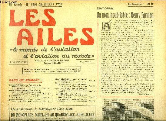 LES AILES - 38e ANNEE N 1691 - Le trentenaire du Ministre de l'Air, porte prsente d'un anniversaire par Laurent Eynac, L'avion de grande vulgarisation, voici le concours du S.F.A.S.A. par Daniel Robert Bancharelle, La triple tache de l'arme de l'air