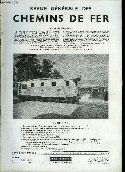 REVUE GENERALE DES CHEMINS DE FER N 5 - La traction Diesel-lectrique dans les territoires d'outre-mer, Le poste I tout relais tlcommand de la gare des Laumes-Alsia, L'clairage des chantiers de triage a la SNCF, L'emploi du sabot d'enrayage