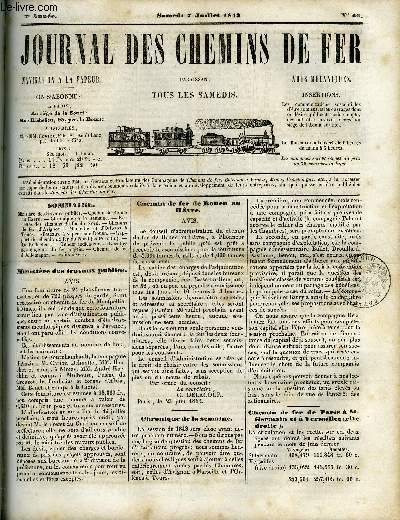 JOURNAL DES CHEMINS DE FER 2e ANNEE N 66 - Chemin de Rouen au Havre, Chronique de la semaine, Recettes des chemins de fer du Nord, Chemins de fer d'Avignon a Marseille et d'Orlans a Tours, Bateaux a vapeur sur Rouen, Rapport du chemin de fer du Nord