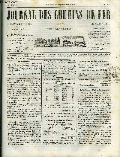 JOURNAL DES CHEMINS DE FER 2e ANNEE N 74 - Ministre des travaux publics, Recettes des chemins de fer, Rsultats d'adjudications, Chemins de fer de Paris a Orlans; du Nord; atmosphrique; d'Amsterdam a Rotterdam; de Venise a Padoue