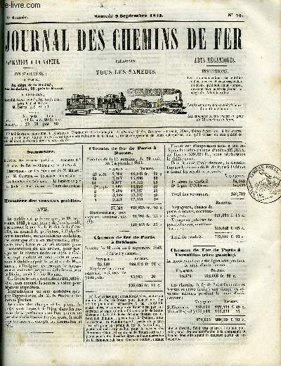 JOURNAL DES CHEMINS DE FER 2e ANNEE N 75 - Ministre des travaux publics, Recettes des chemins de fer, Chemin de fer du Nord, Observations sur les Mmoires de M. Minard par M. Courtois, Excavateur amricain, Les houilles de Belgique, La lumire du gaz