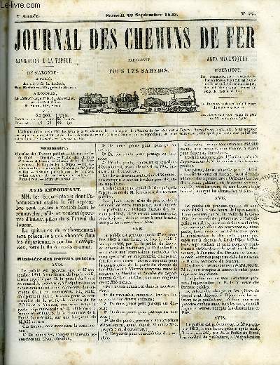 JOURNAL DES CHEMINS DE FER 2e ANNEE N 77 - Ministre des travaux publics, Chemin de fer du Nord, Recettes, Trafic des chemins d'Orlans et Rouen, Chemin de fer de Paris a Rouen; de Montpellier a Nimes, Perfectionnement des voitures de chemins de fer