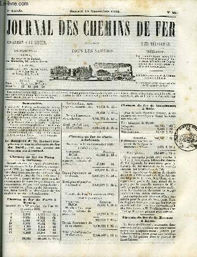 JOURNAL DES CHEMINS DE FER 2e ANNEE N 85 - Chemin de fer d'Orlans, Recettes de chemins de fer de Rouen, d'Orlans et de Strasbourg a Bale, Chemin de fer de St Etienne a Lyon, Assemble gnrale des actionnaires anglais du chemin de Rouen a Liverpool