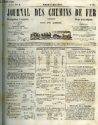 JOURNAL DES CHEMINS DE FER 3e ANNEE N 101 - Recettes des chemins de fer, Cours des actions, Chronique de la semaine, Observations sur le nouveau projet de loi, Du projet de loi sur la police des chemins de fer; de la responsabilit des administrateurs