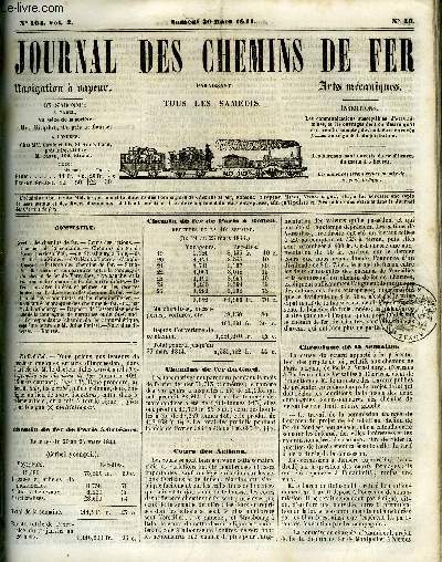 JOURNAL DES CHEMINS DE FER 3e ANNEE N 104 - Recettes des chemins de fer, cours des actions, Chronique de la semaine, Chemins de fer de Rouen (service d't), de Strasbourg a Bale, de Montpellier a Nimes, d'Orlans a Tours, d'anglo-franais, Patente